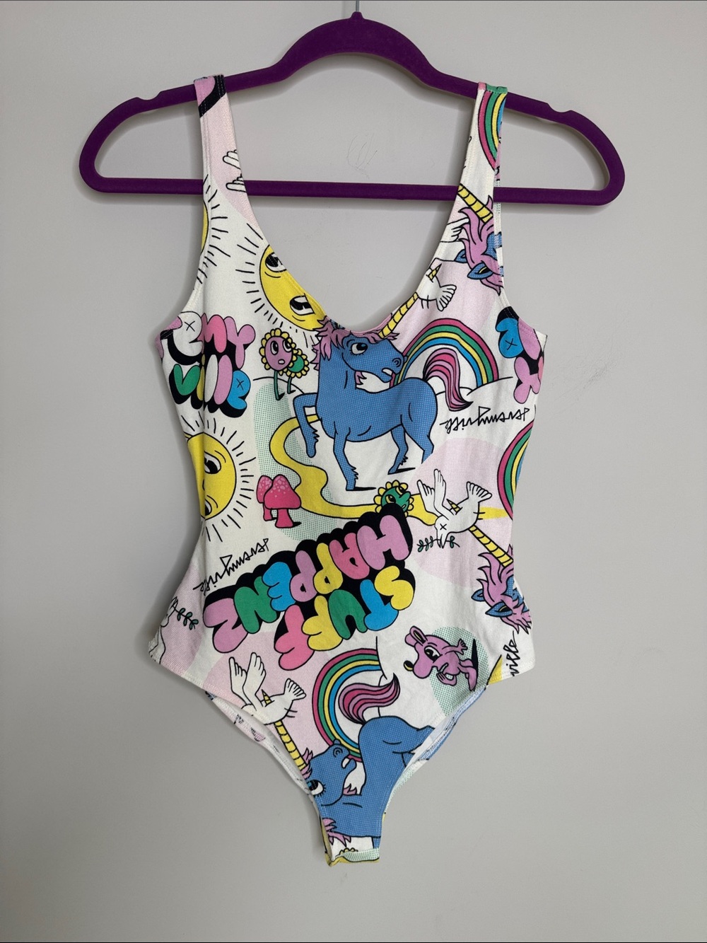 Jeremyville x F21 Cartoon Unicorn Illustration Print Bodysuit Sz Small